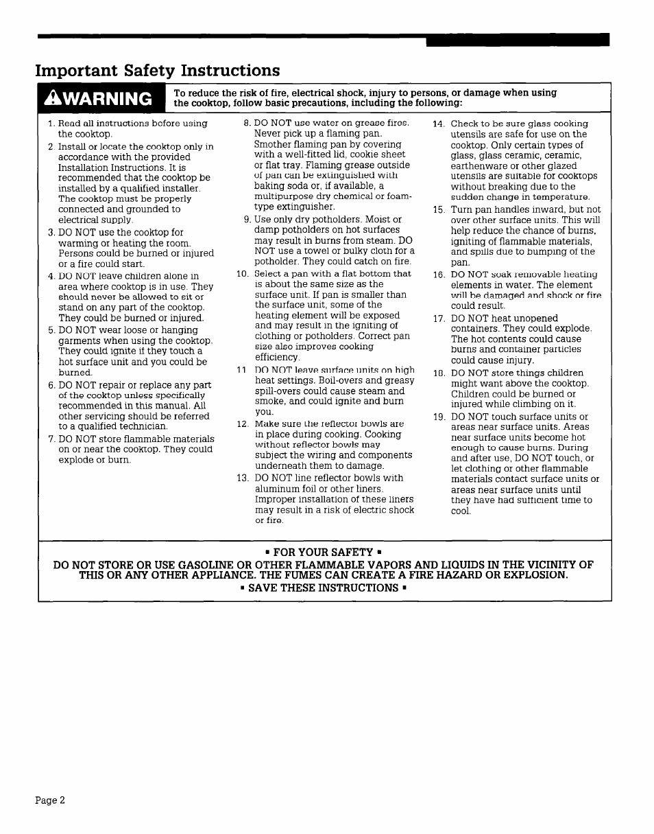 Warning, Important safety instructions | Whirlpool CEX215V User Manual | Page 2 / 8