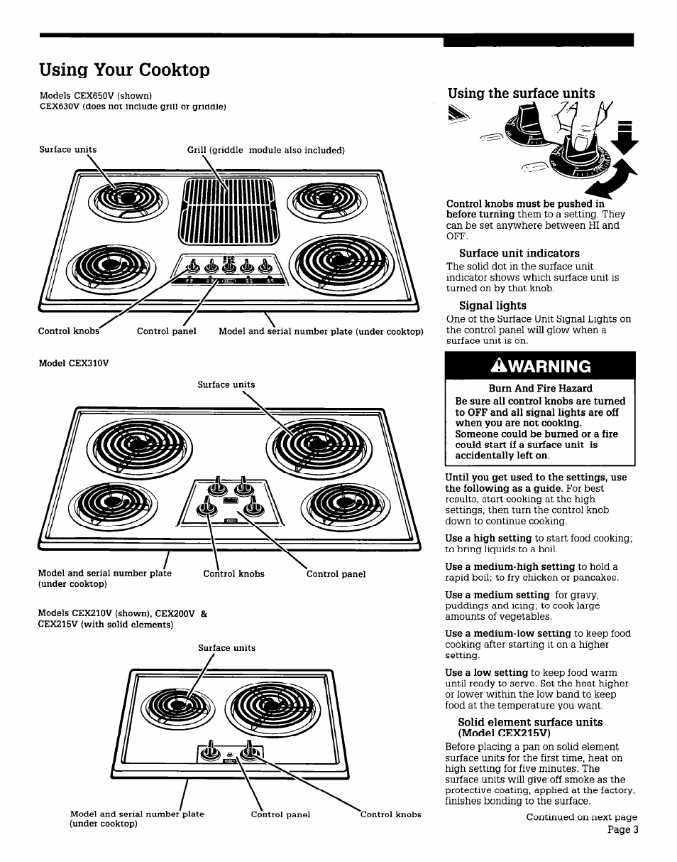 Using your cooktop, Warning, Using the surface units | Whirlpool CEX215V User Manual | Page 3 / 8