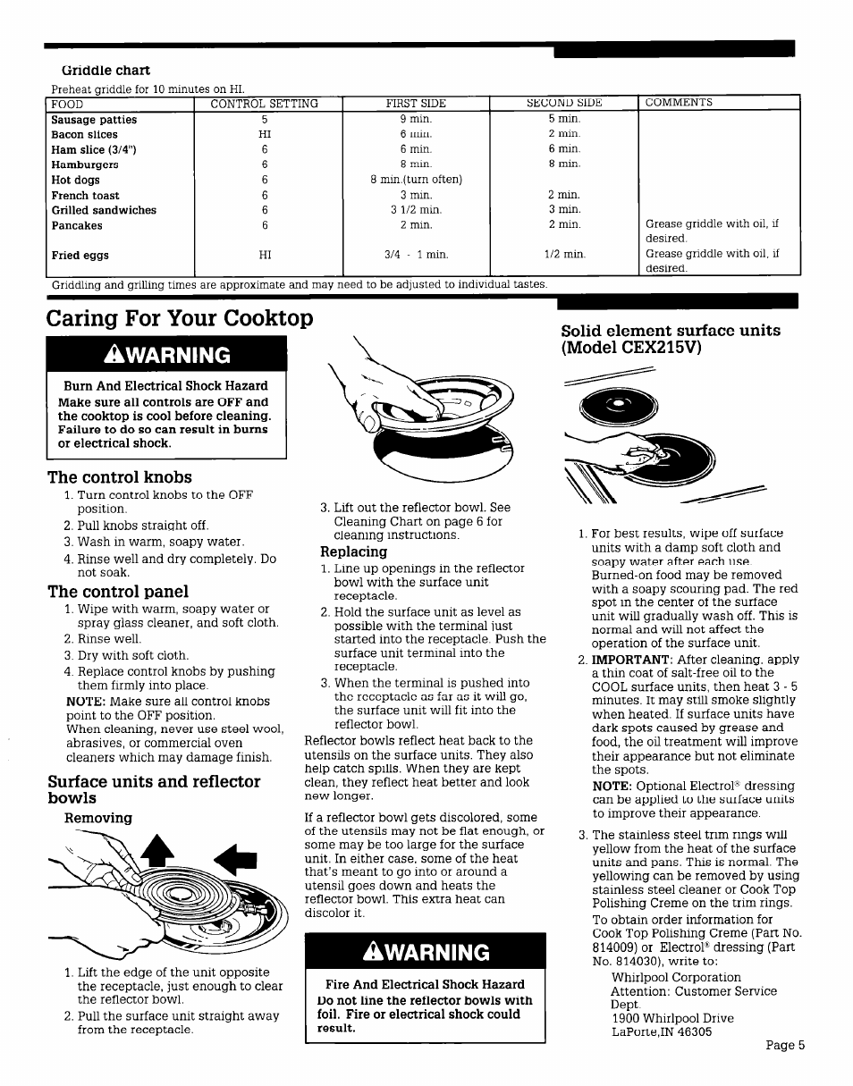 Caring for your cooktop, Warning, The control knobs | The control panel, Surface units and reflector bowls, Solid element surface units (model cex215v) | Whirlpool CEX215V User Manual | Page 5 / 8