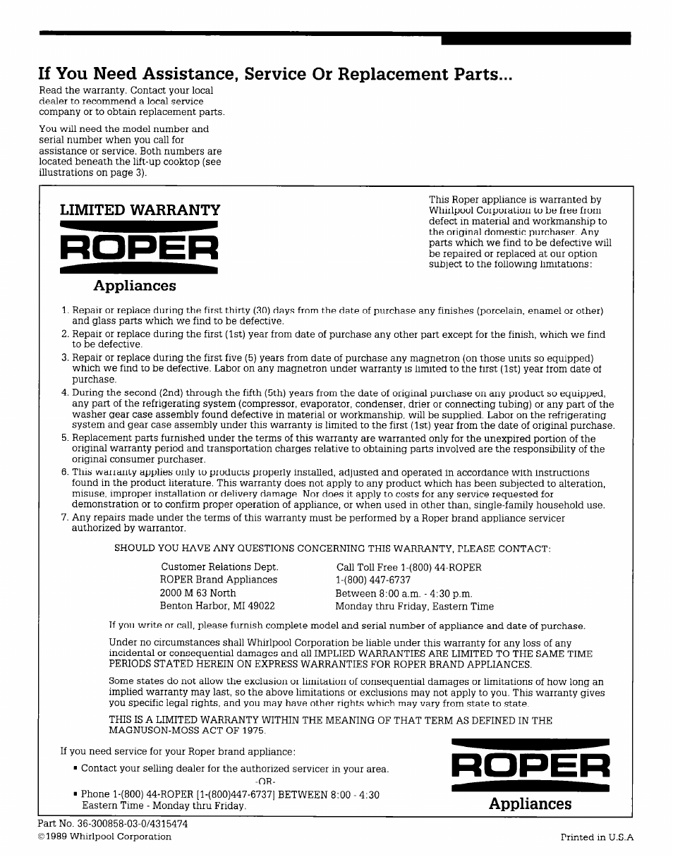 Limited warranty, Appliances | Whirlpool CEX215V User Manual | Page 8 / 8