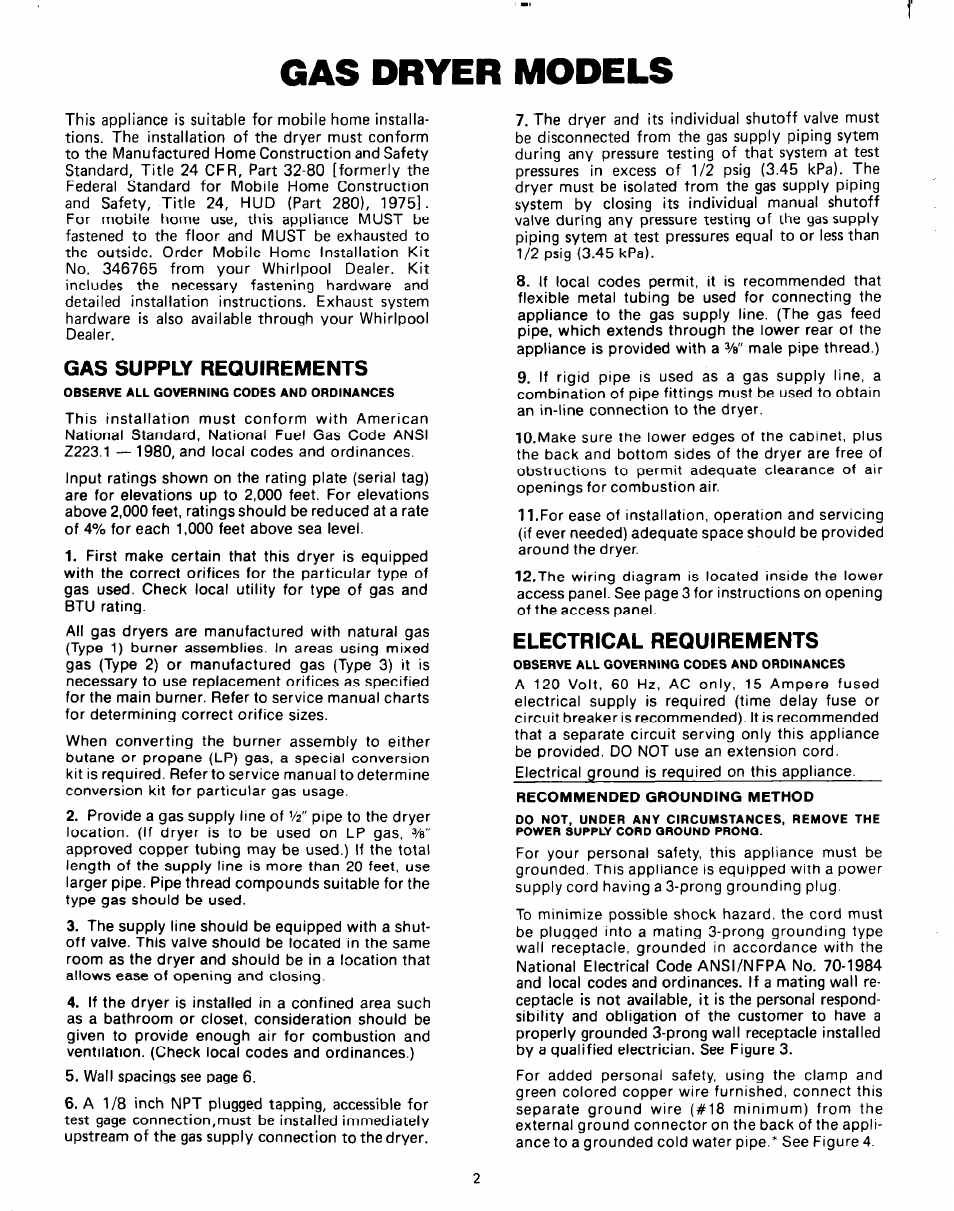 Gas dryer models, Gas supply requirements, Electrical requirements | Whirlpool Clothes Dryer User Manual | Page 2 / 8
