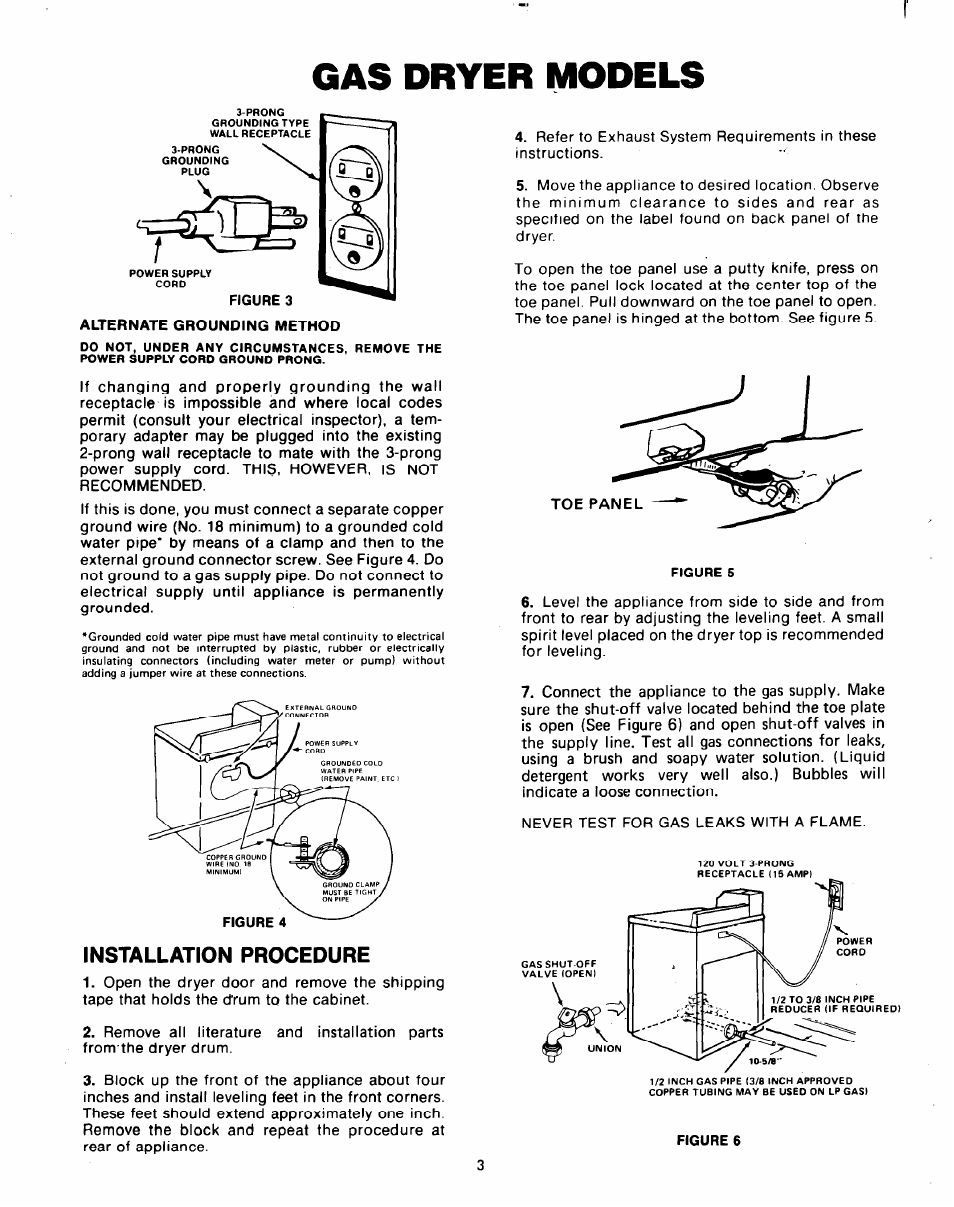 Gas dryer models, Installation procedure | Whirlpool Clothes Dryer User Manual | Page 3 / 8