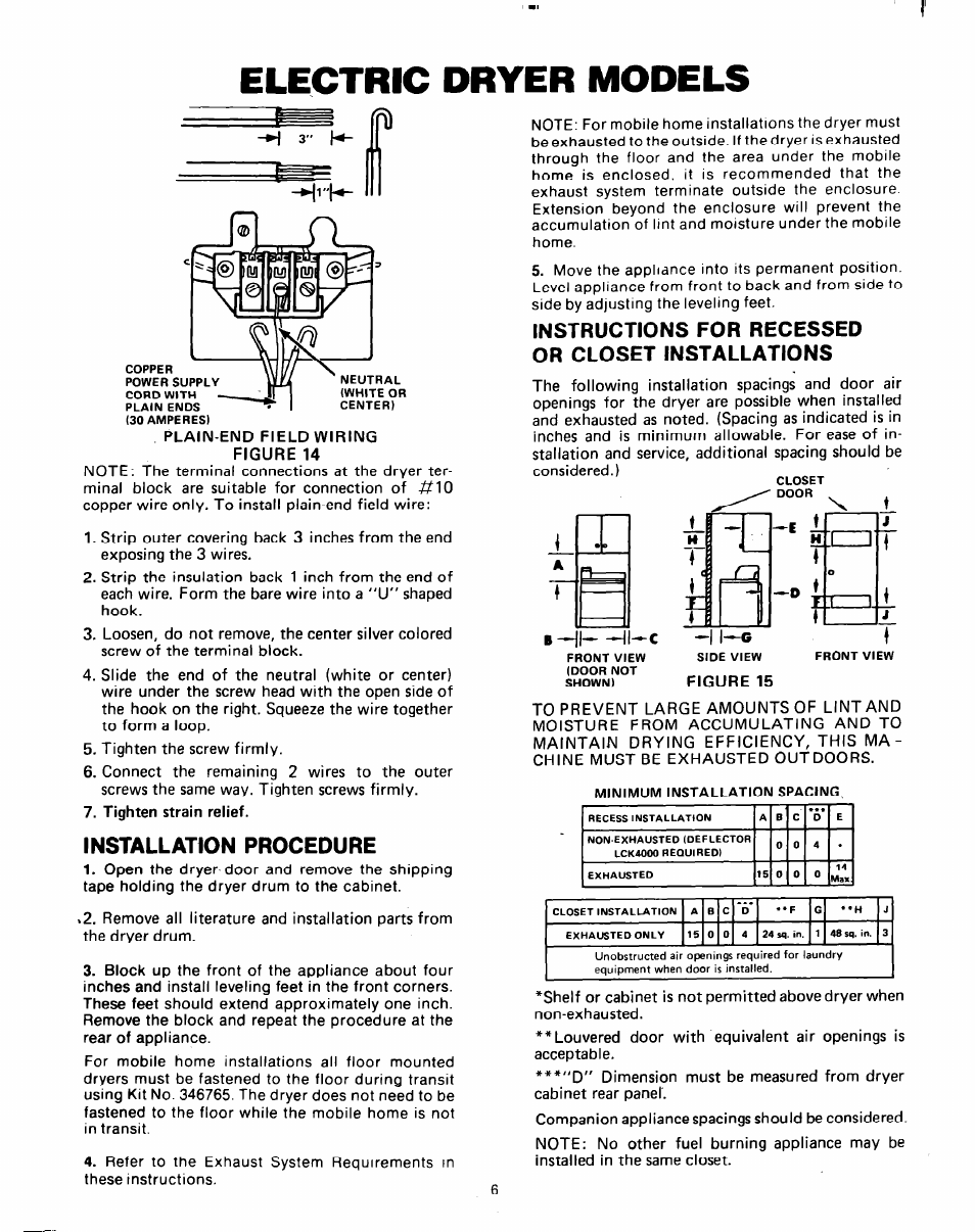 Electric dryer models, Installation procedure, Instructions for recessed or closet installations | Whirlpool Clothes Dryer User Manual | Page 6 / 8