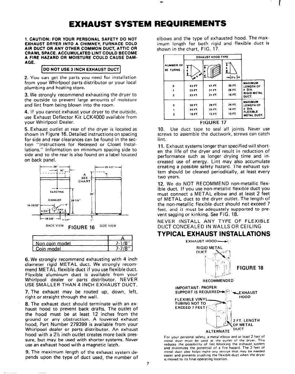 Exhaust system requirements, Typical exhaust installations | Whirlpool Clothes Dryer User Manual | Page 7 / 8