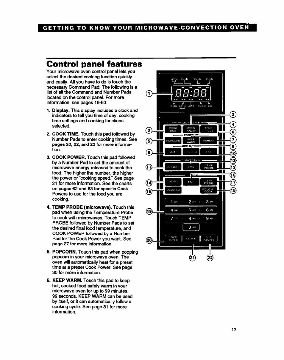 Control panel features | Whirlpool MC8130XA User Manual | Page 13 / 71
