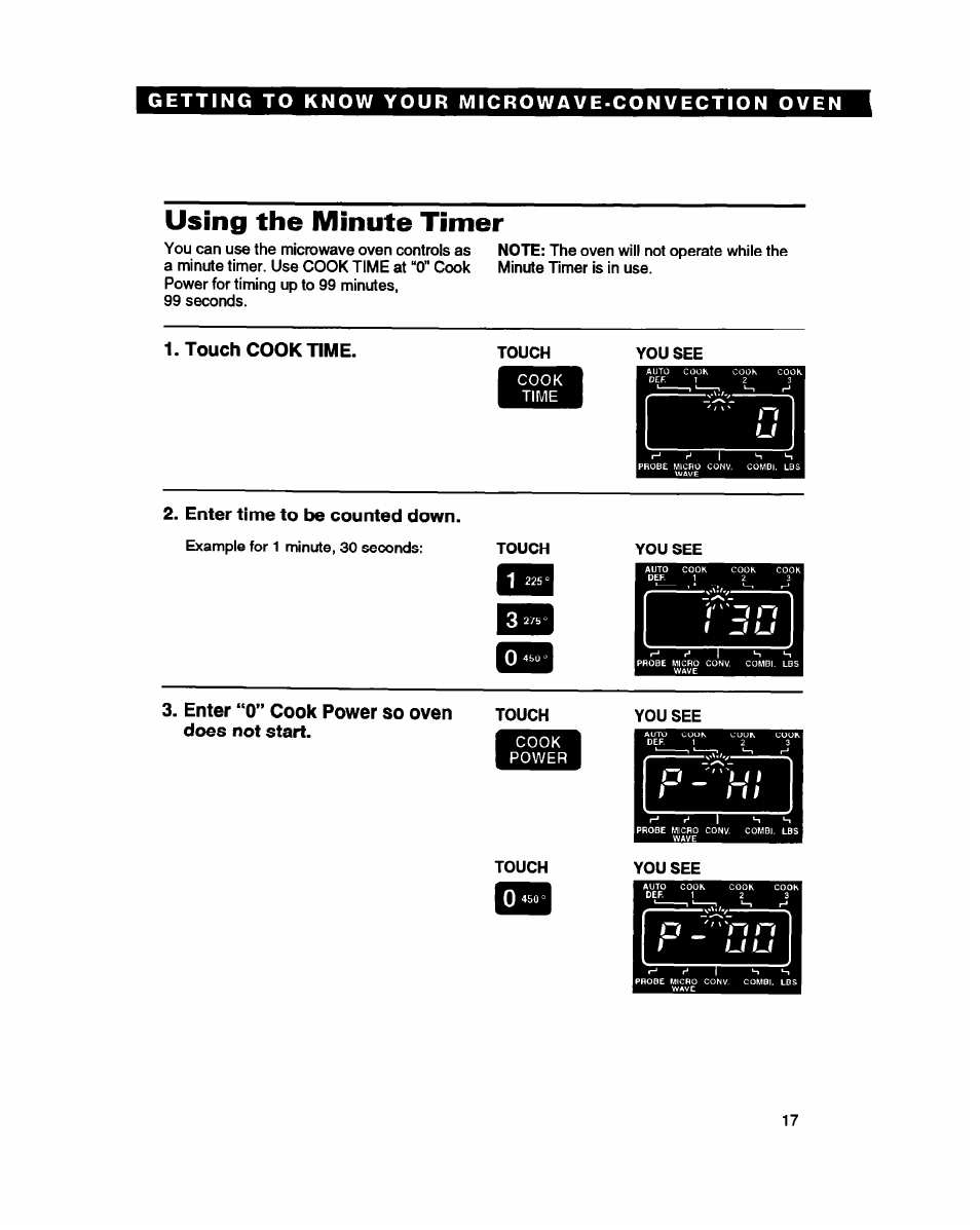 Getting to know your microwave-convection oven, Using the minute timer, Touch cook time | Enter time to be counted down, Enter “0” cook power so oven does not start | Whirlpool MC8130XA User Manual | Page 17 / 71