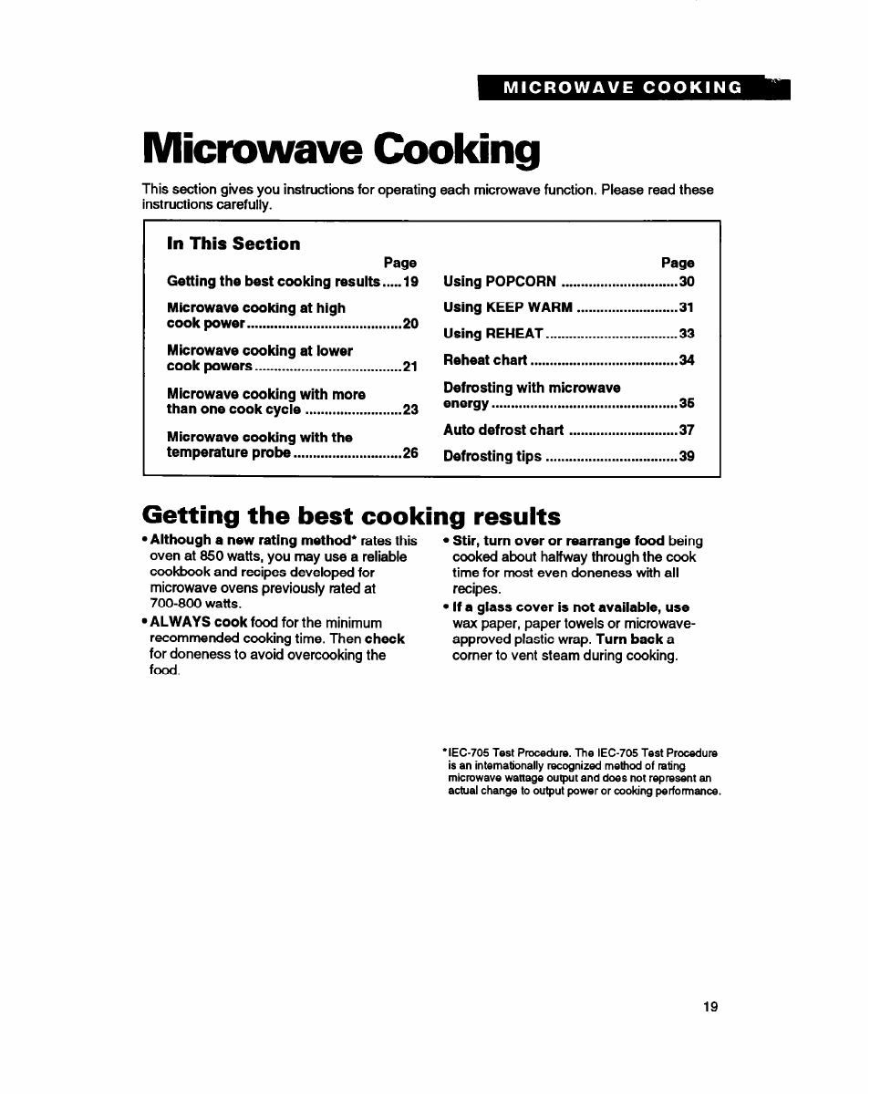 Microwave cooking, In this section, Getting the best cooking results | Whirlpool MC8130XA User Manual | Page 19 / 71