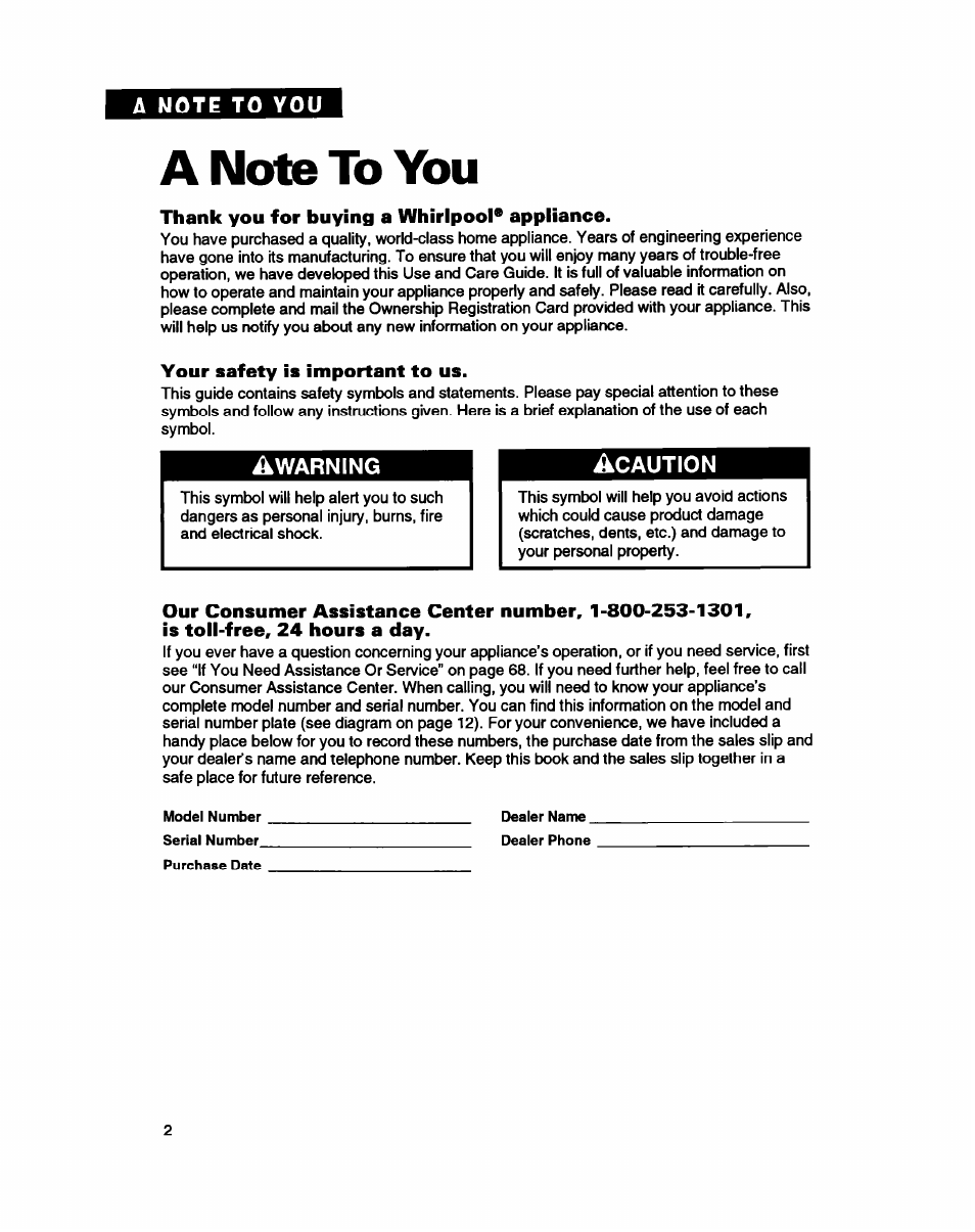 A note to you | Whirlpool MC8130XA User Manual | Page 2 / 71