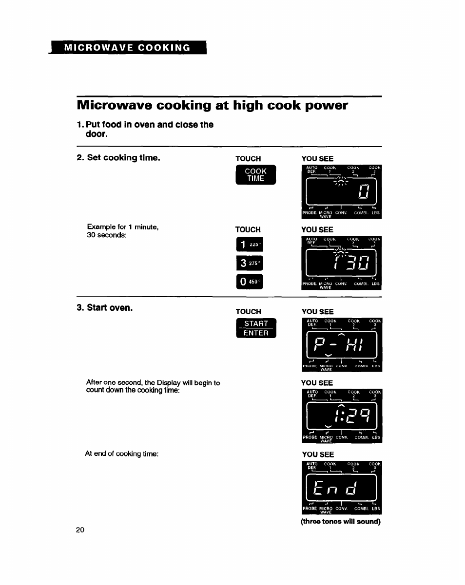 Microwave cooking at high cook power, Put food in oven and close the door, Set cooking time | Start oven | Whirlpool MC8130XA User Manual | Page 20 / 71