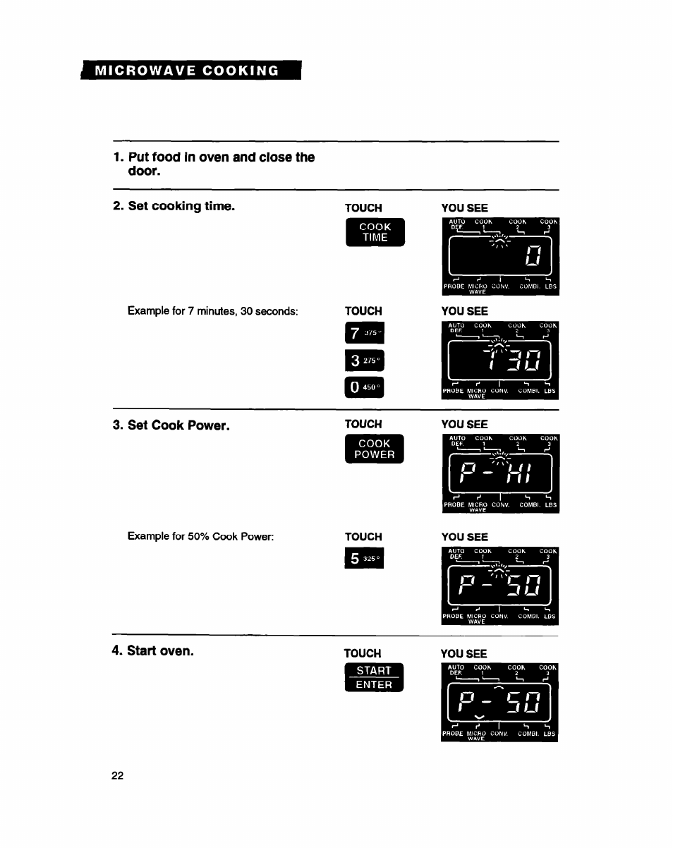 Put food in oven and close the door, Set cooking time, Set cook power | Start oven | Whirlpool MC8130XA User Manual | Page 22 / 71