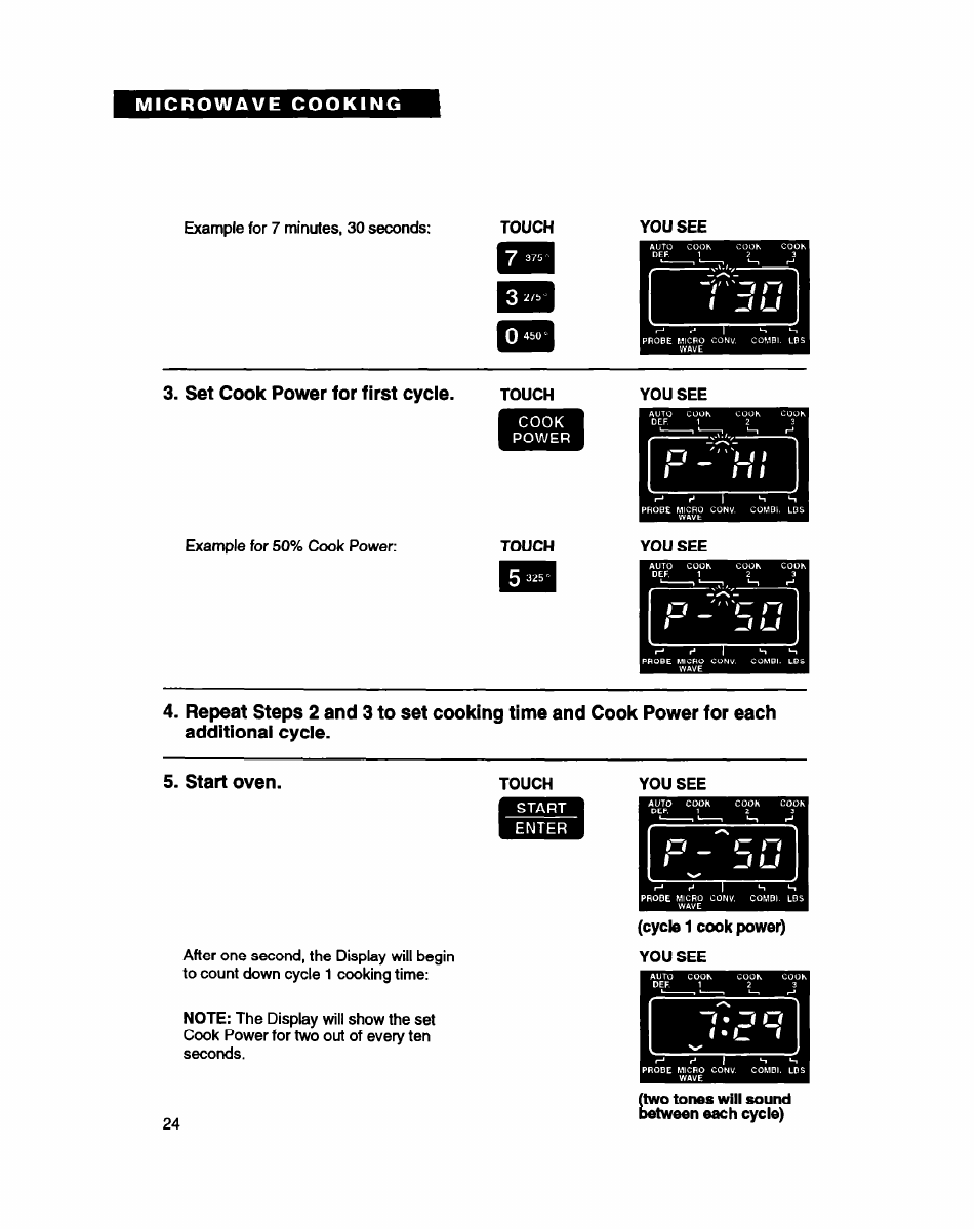Set cook power for first cycle, Start oven | Whirlpool MC8130XA User Manual | Page 24 / 71