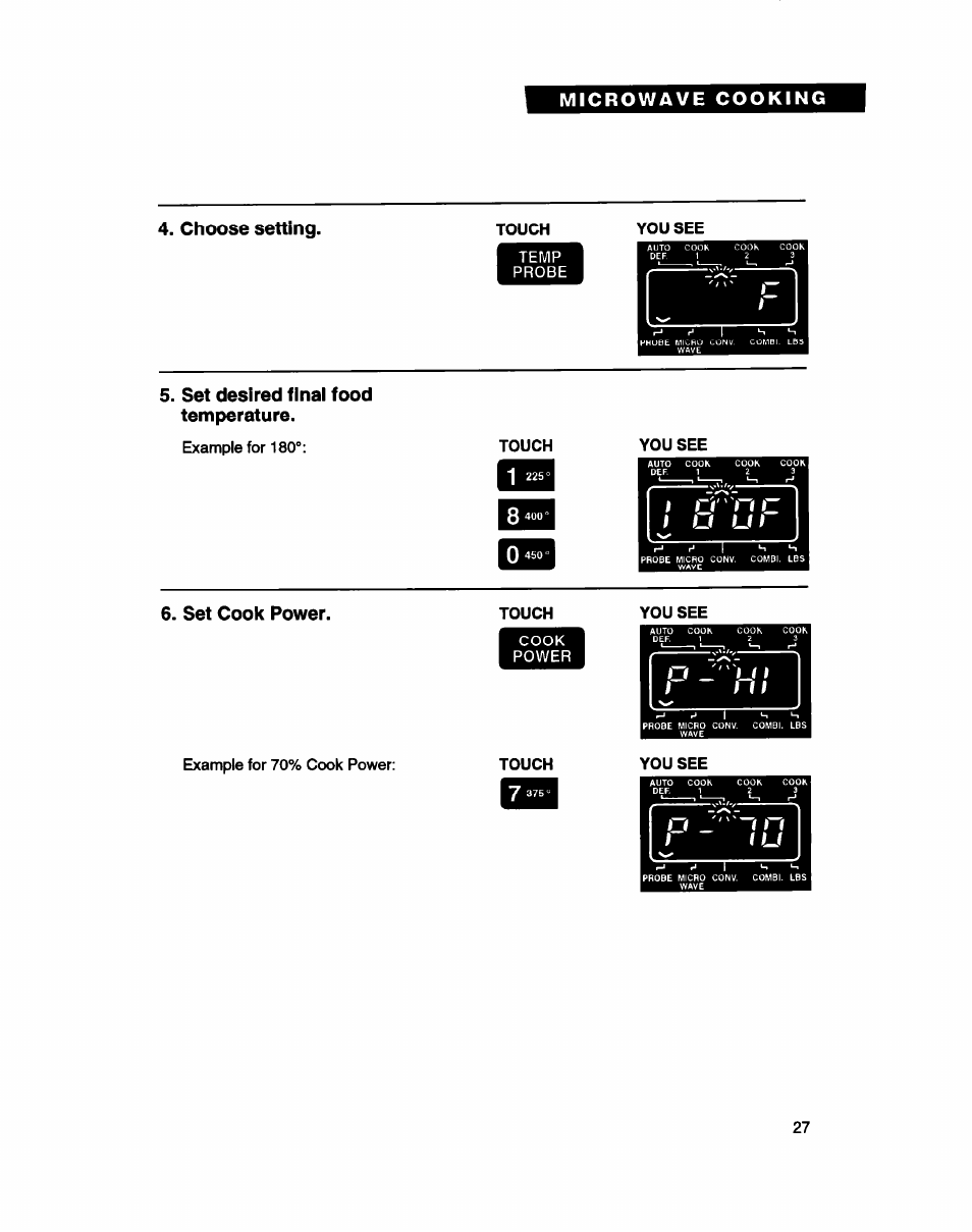 Choose setting, Set desired finai food temperature, Set cook power | Whirlpool MC8130XA User Manual | Page 27 / 71