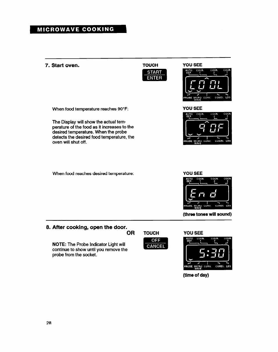 Start oven, After cooking, open the door, After cooking, open the door. or | Whirlpool MC8130XA User Manual | Page 28 / 71