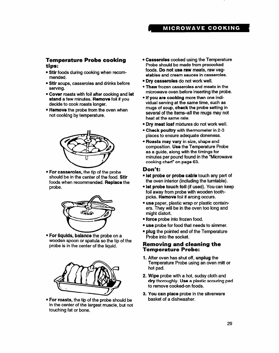 Temperature probe cooking tips, Don't, Removing and cleaning the temperature probe | Whirlpool MC8130XA User Manual | Page 29 / 71