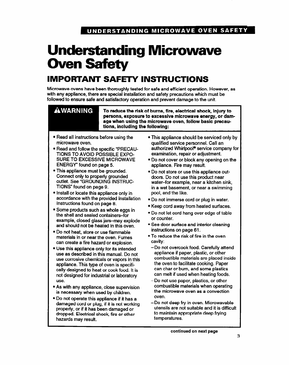 Understanding microwave oven safety, Important safety instructions | Whirlpool MC8130XA User Manual | Page 3 / 71