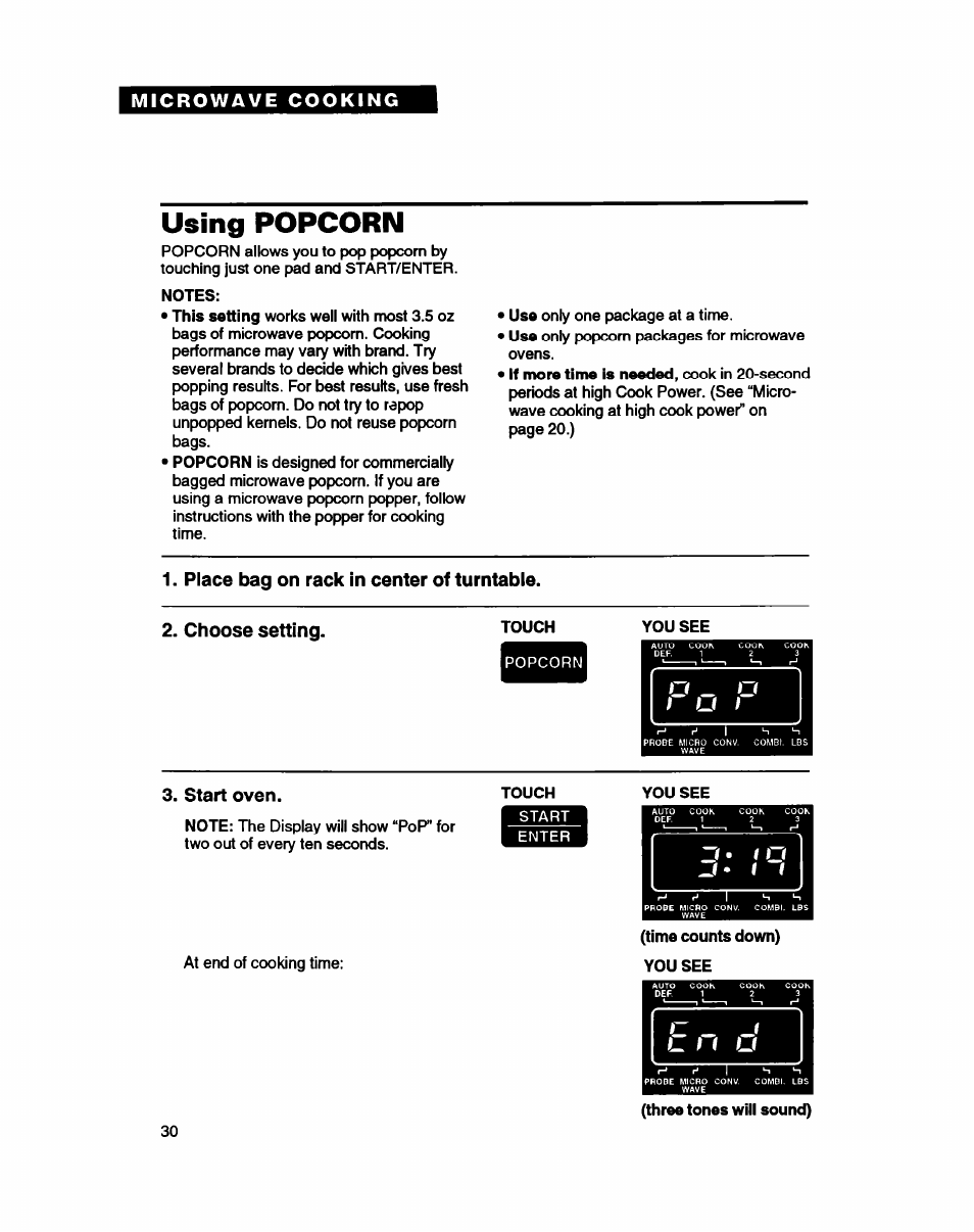 Using popcorn, Place bag on rack in center of turntable, Choose setting | Start oven | Whirlpool MC8130XA User Manual | Page 30 / 71