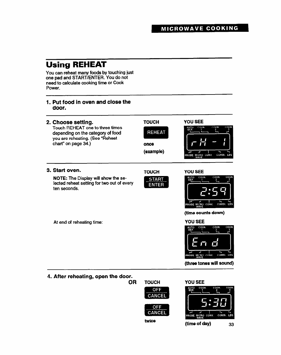 Using reheat, Put food in oven and close the door, Choose setting | Start oven, After reheating, open the door, After reheating, open the door. or | Whirlpool MC8130XA User Manual | Page 33 / 71