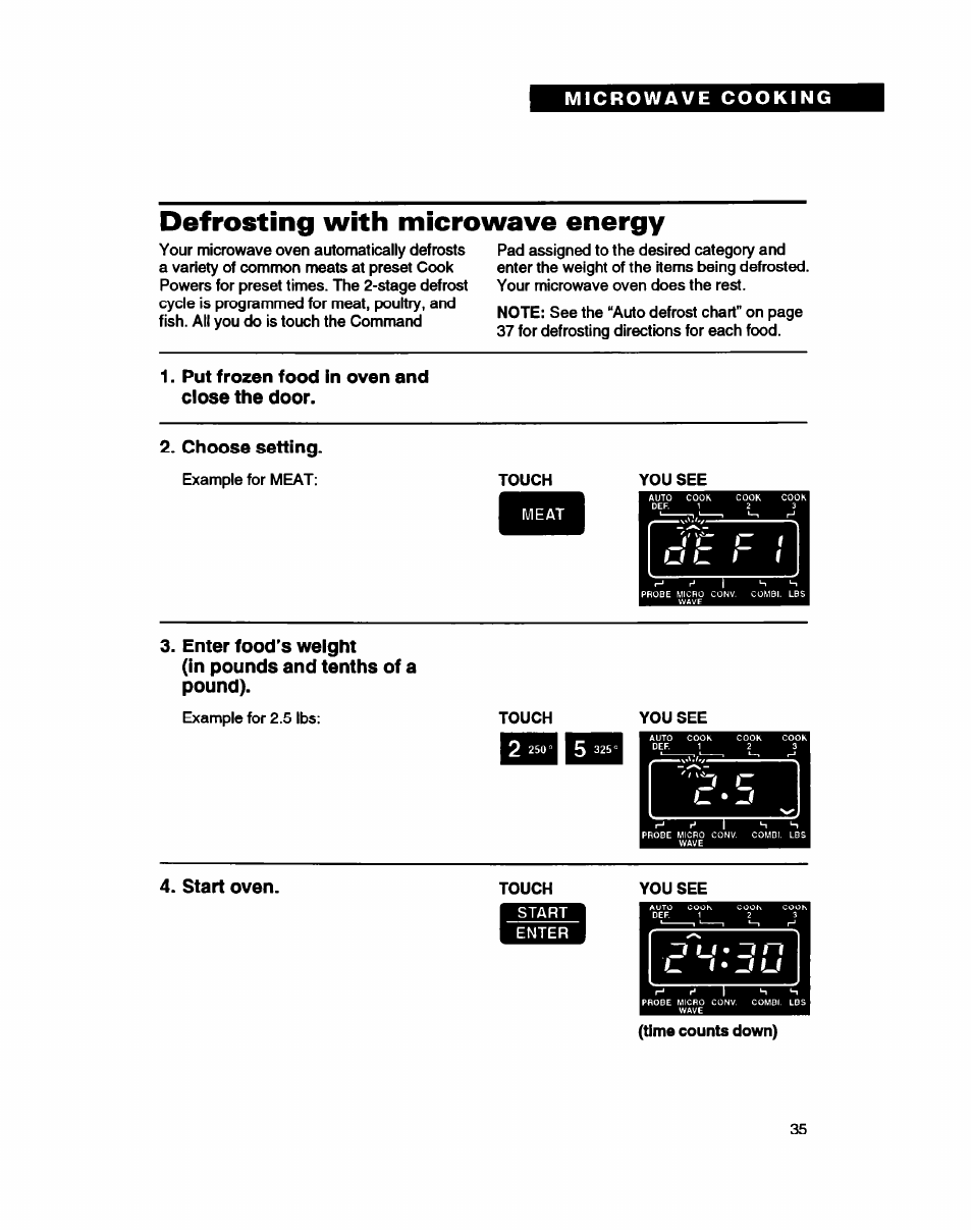 Defrosting with microwave energy, Put frozen food in oven and close the door, Choose setting | Start oven | Whirlpool MC8130XA User Manual | Page 35 / 71