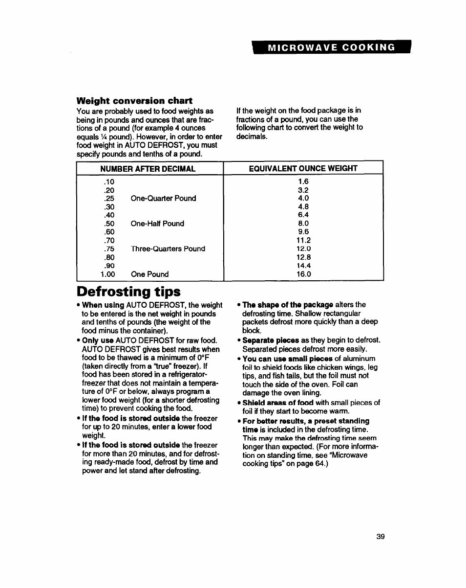 Defrosting tips | Whirlpool MC8130XA User Manual | Page 39 / 71