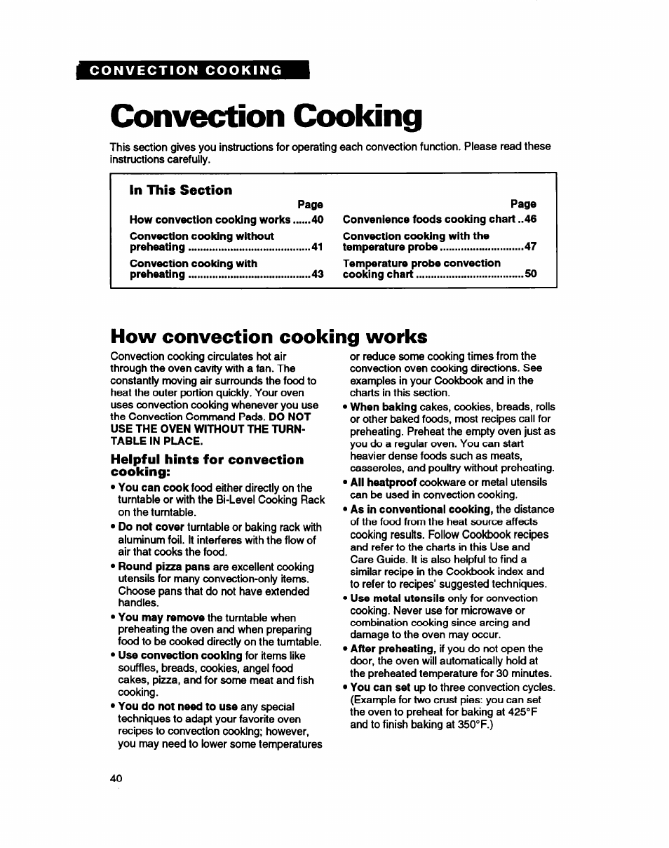 Convection cooking, How convection cooking works | Whirlpool MC8130XA User Manual | Page 40 / 71