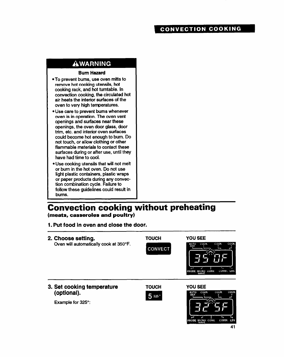 Convection cooking without preheating, Put food in oven and close the door, Choose setting | Set cooking temperature (optional) | Whirlpool MC8130XA User Manual | Page 41 / 71