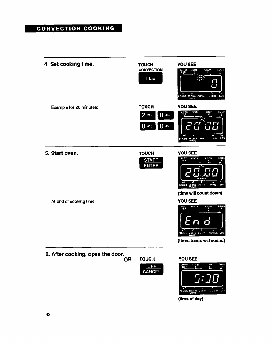 Set cooking time, After cooking, open the door, Start oven | After cooking, open the door. or | Whirlpool MC8130XA User Manual | Page 42 / 71