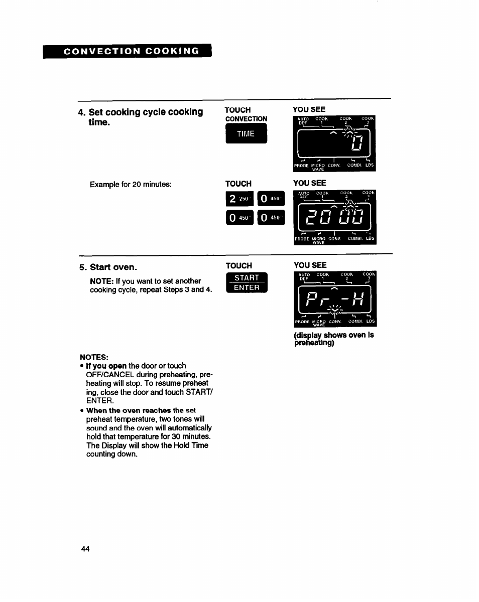 Set cooking cycle cooking time, Start oven, Iz u u u | Whirlpool MC8130XA User Manual | Page 44 / 71