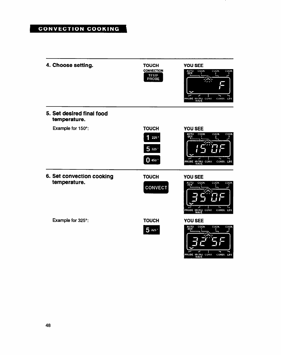 Choose setting, Set desired finai food temperature, Set convection cooking temperature | Whirlpool MC8130XA User Manual | Page 48 / 71