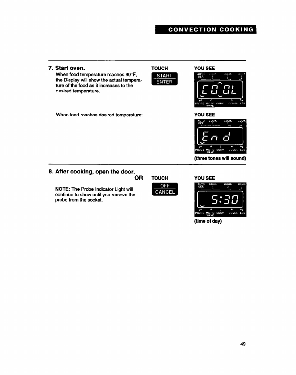 Start oven, After cooking, open the door, After cooking, open the door. or | Whirlpool MC8130XA User Manual | Page 49 / 71