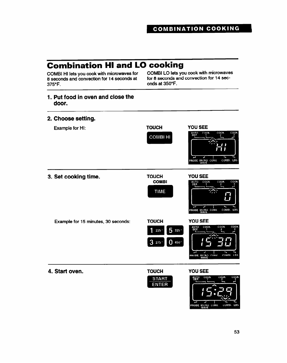 Put food in oven and close the door, Choose setting, Set cooking time | 1 225“ i 5 325, Start oven, Combination hi and lo cooking | Whirlpool MC8130XA User Manual | Page 53 / 71