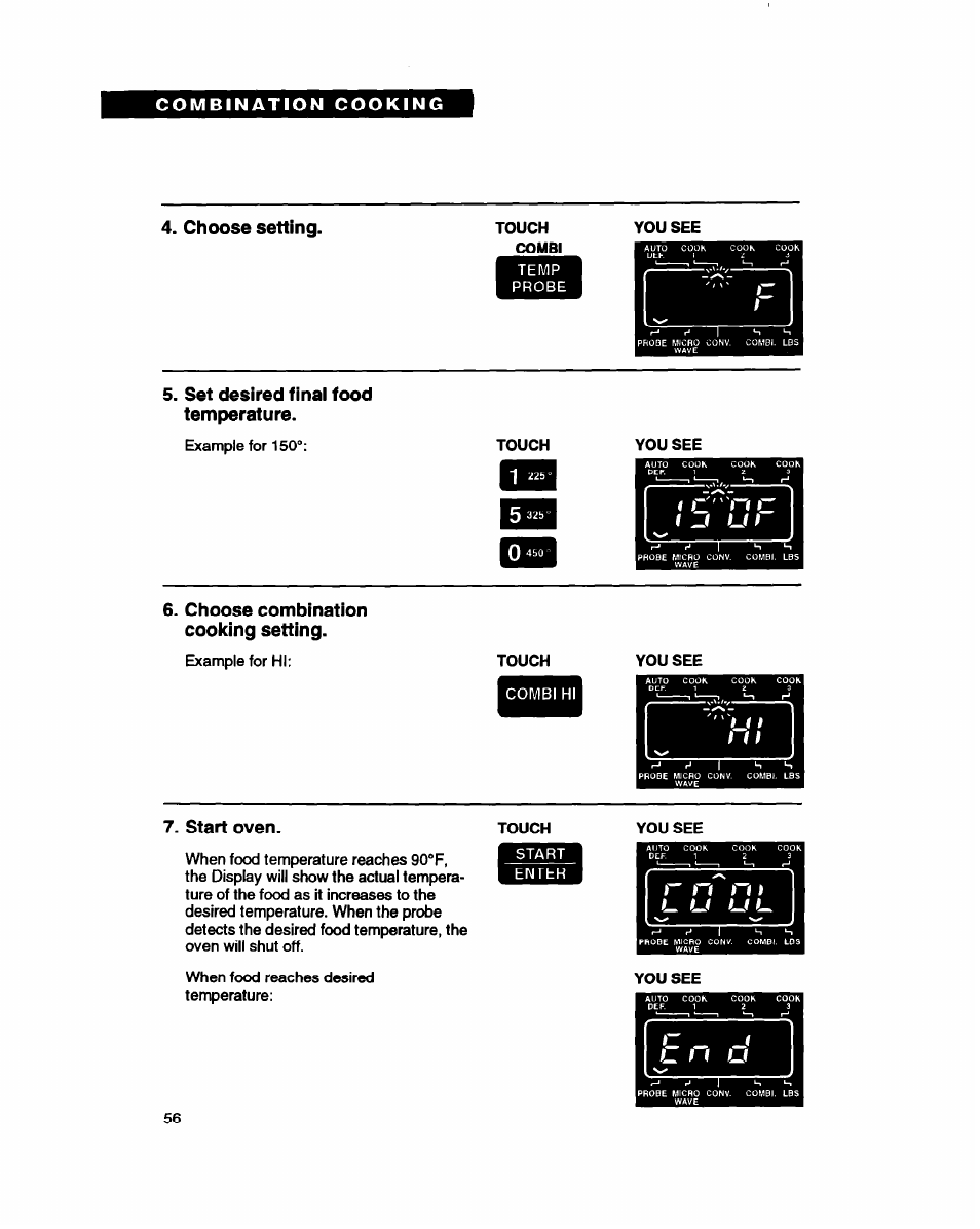 Choose setting, Set desired finai food temperature, Choose combination cooking setting | Start oven | Whirlpool MC8130XA User Manual | Page 56 / 71