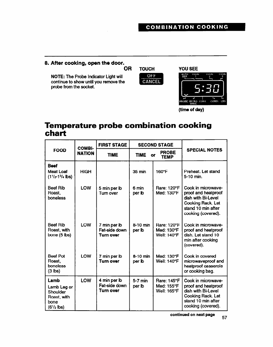 After cooking, open the door, Temperature probe combination cooking chart, After cooking, open the door. or | Whirlpool MC8130XA User Manual | Page 57 / 71