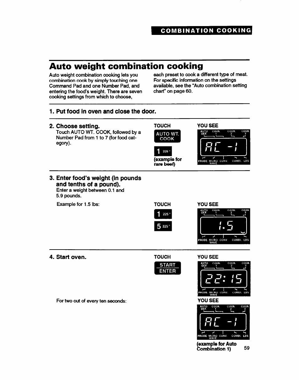 Auto weight combination cooking, Put food in oven and close the door, Choose setting | Start oven | Whirlpool MC8130XA User Manual | Page 59 / 71