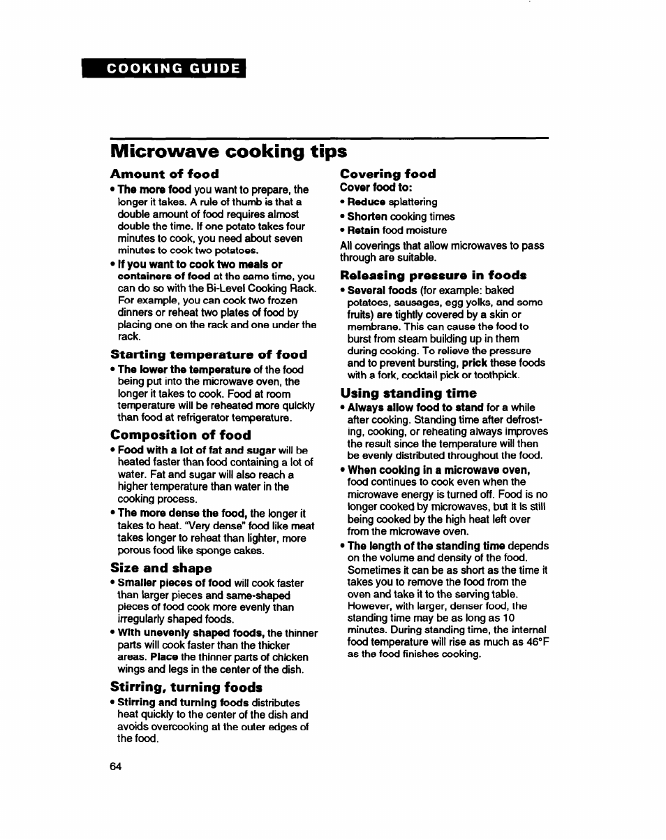 Microwave cooking tips | Whirlpool MC8130XA User Manual | Page 64 / 71