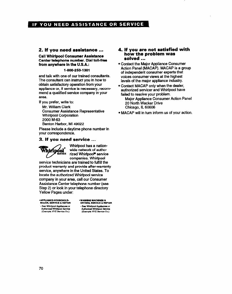 If you need assistance, If you need service | Whirlpool MC8130XA User Manual | Page 70 / 71