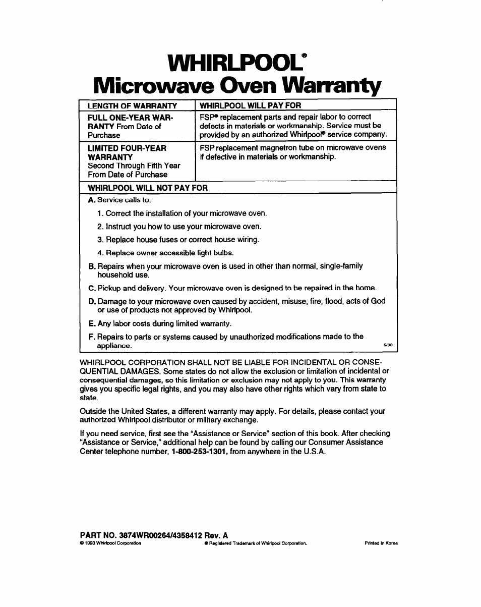 Whirlpool, Microwave oven warranty, Whirlpool* microwave oven warranty | Whirlpool MC8130XA User Manual | Page 71 / 71