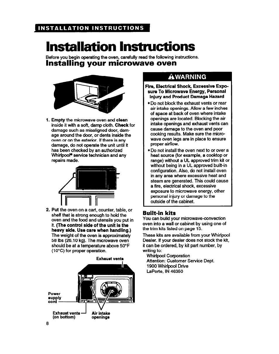 Installation instructions, Installing your microwave oven | Whirlpool MC8130XA User Manual | Page 8 / 71