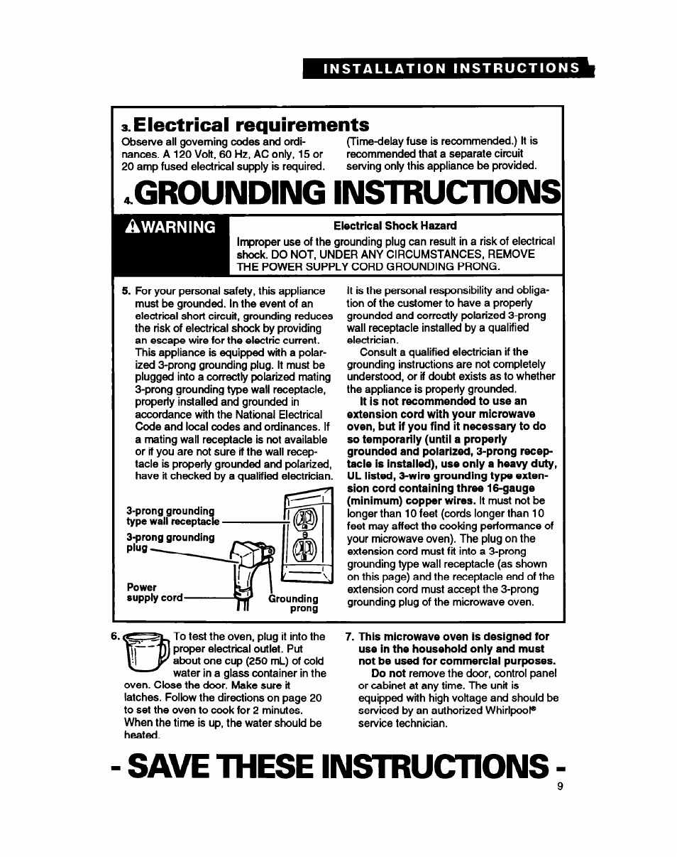 Electrical requirements, Grounding instructions, Save these instructions | Whirlpool MC8130XA User Manual | Page 9 / 71