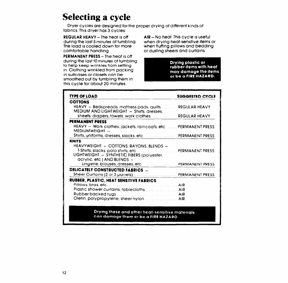 Selecting a cycle | Whirlpool LT4905XM User Manual | Page 12 / 20
