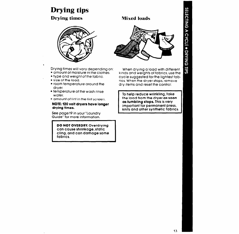 Drying tips, Drying times, Drying times mixed loads | Whirlpool LT4905XM User Manual | Page 13 / 20