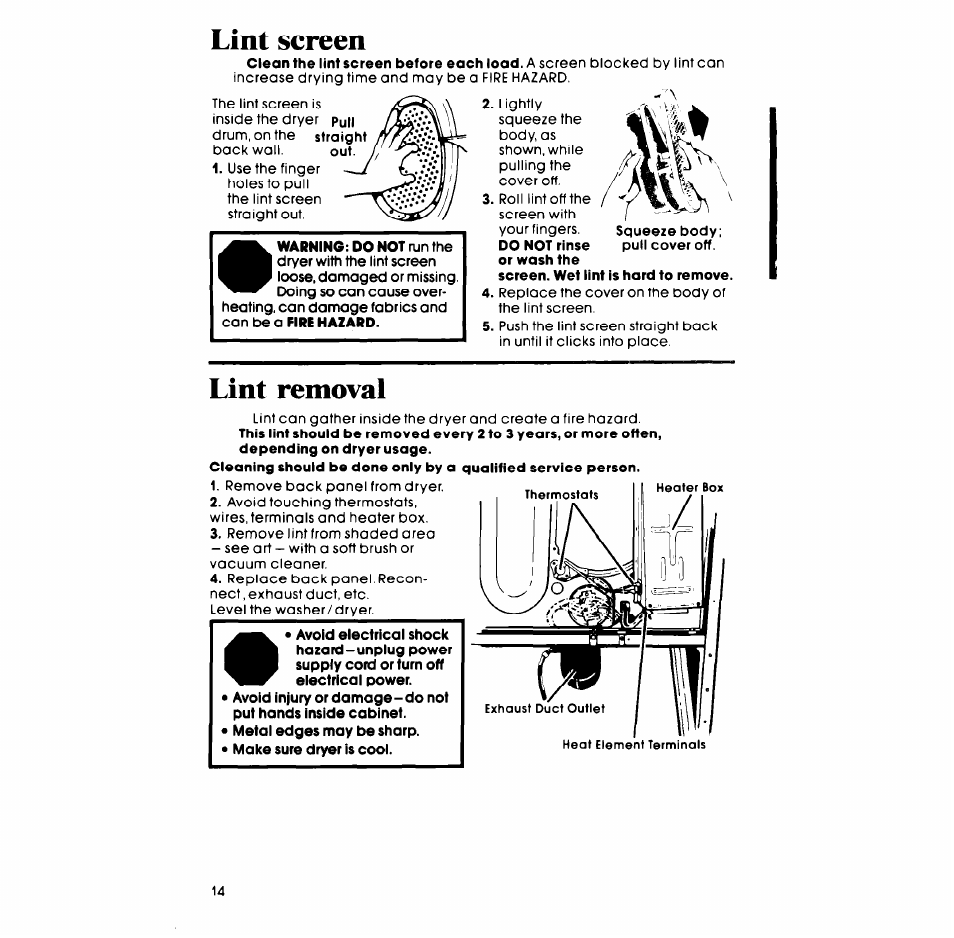 Lint screen, Lint removal | Whirlpool LT4905XM User Manual | Page 14 / 20