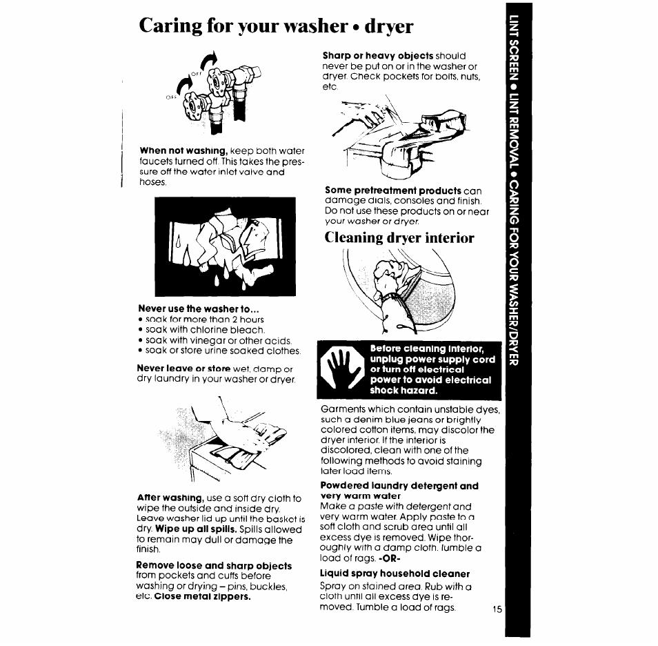 Caring for your washer • dryer, Cleaning dryer interior | Whirlpool LT4905XM User Manual | Page 15 / 20