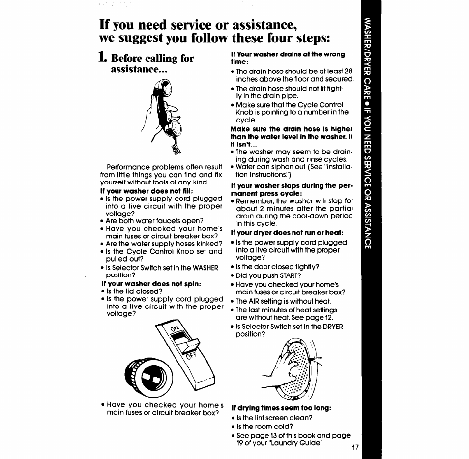 L before calling for, Assistance | Whirlpool LT4905XM User Manual | Page 17 / 20