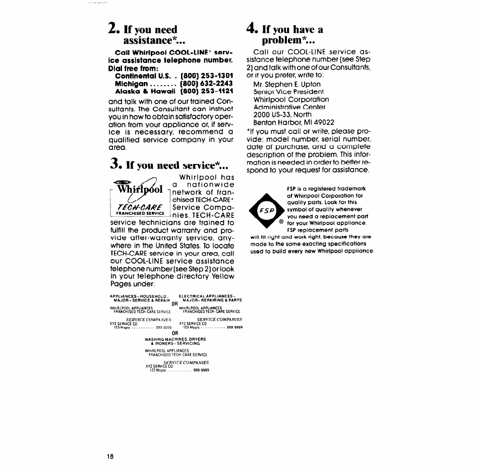 If you need assistance, 3, if you need service, Vhmp^l | K you have a problem, Rec^-oa/pf | Whirlpool LT4905XM User Manual | Page 18 / 20