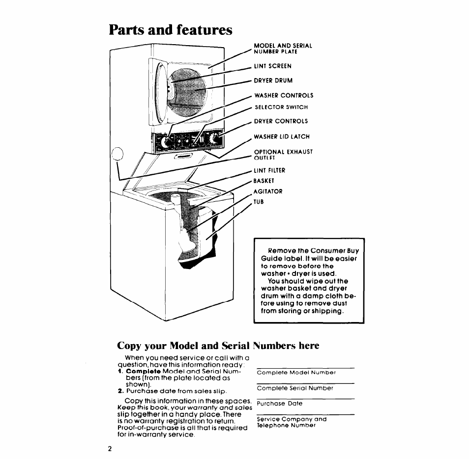 Copy your model and serial numbers here, Parts and features | Whirlpool LT4905XM User Manual | Page 2 / 20