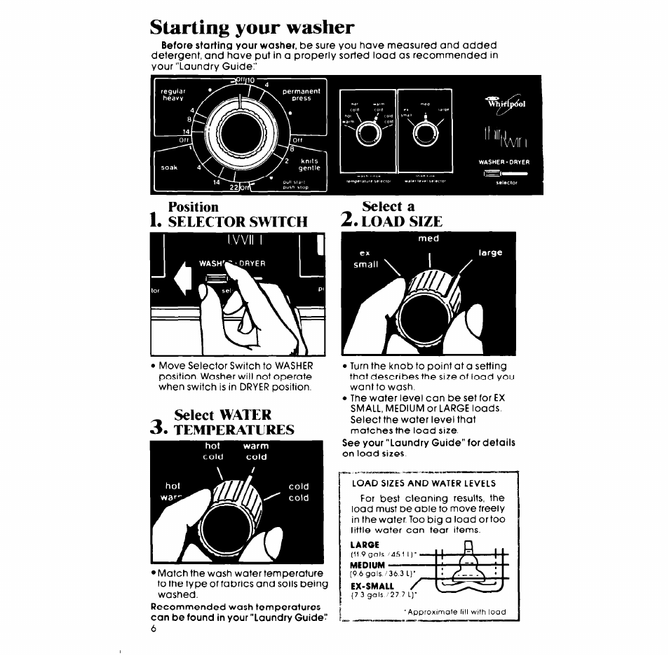 Starting your washer, Position select a, Selector switch 2. load size | Select water 3. temperatures, Selector switch, Load size, Select water, Temperatures | Whirlpool LT4905XM User Manual | Page 6 / 20