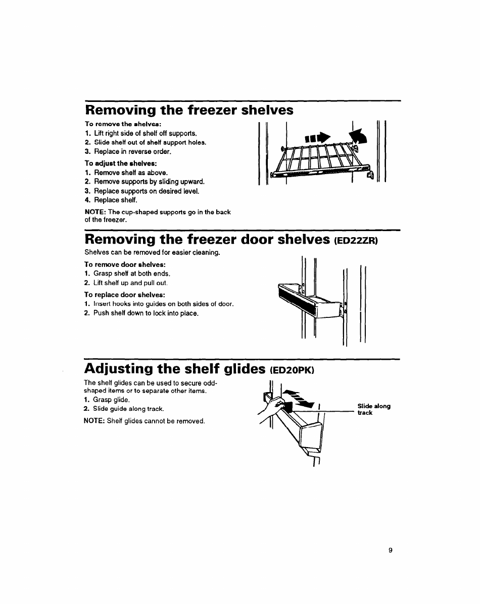 Removing the freezer shelves, Removing the freezer door shelves (edzzzr), Adjusting the shelf glides (edzopk) | Removing the freezer door shelves, A<^usting the shelf glides, Adjusting the shelf glides | Whirlpool 8EDZOZK User Manual | Page 10 / 25