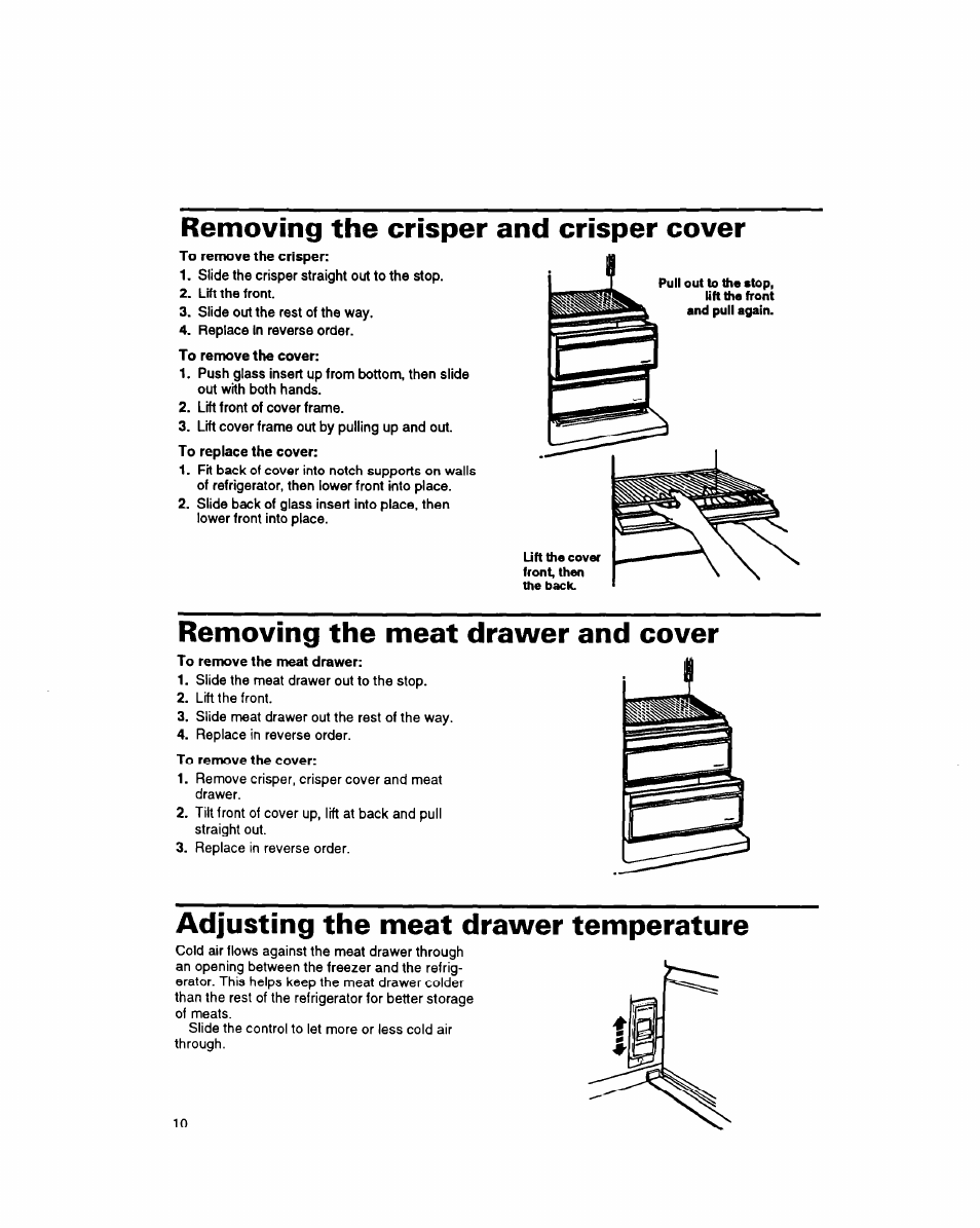 Removing the crisper and crisper cover, Removing the meat drawer and cover, Adjusting the meat drawer temperature | Whirlpool 8EDZOZK User Manual | Page 11 / 25