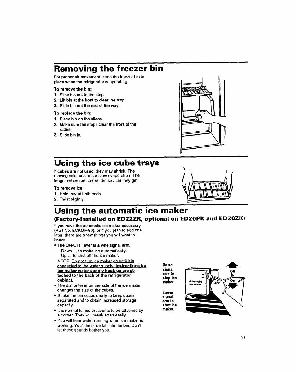 Removing the freezer bin, Using the ice cube trays, Using the automatic ice maker | Using the automatic ke maker | Whirlpool 8EDZOZK User Manual | Page 12 / 25
