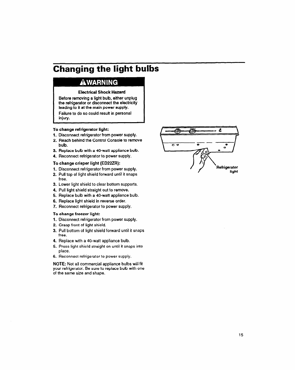 Changing the light bulbs, Warning | Whirlpool 8EDZOZK User Manual | Page 16 / 25